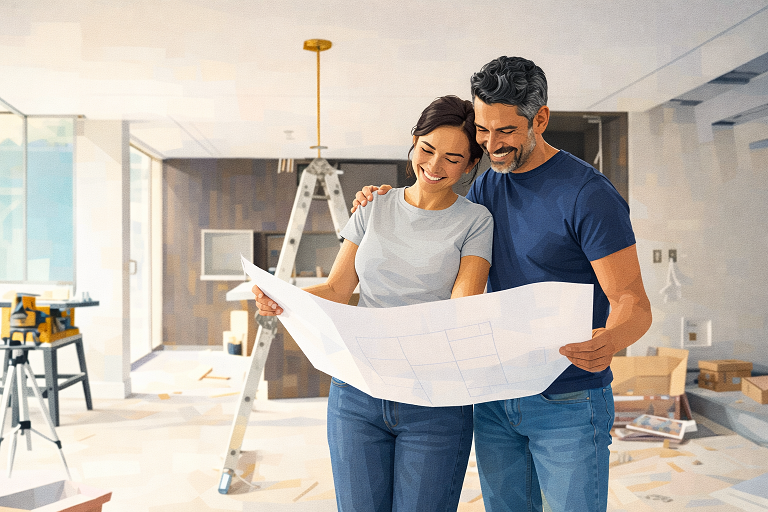 Offre Concept - Image d'un couple qui regarde un plan dans un séjour en travaux.