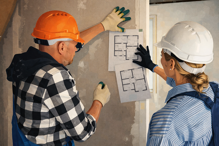Offre Réalisation - Image de deux professionnels qui échangent des informations dans un chantier en cours.